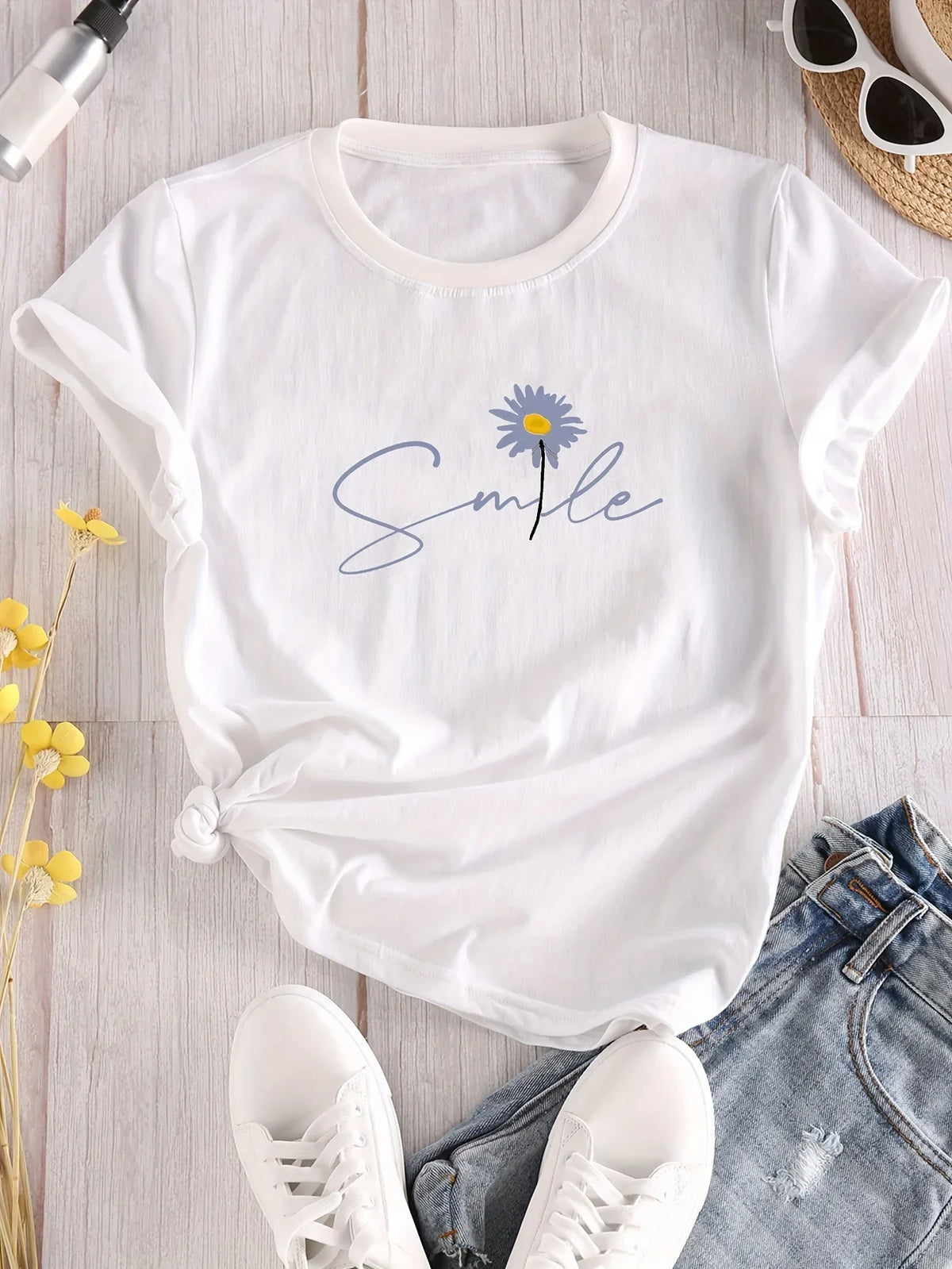 Women's casual short sleeve T-shirt with flower and letter print by HSF Marketplace