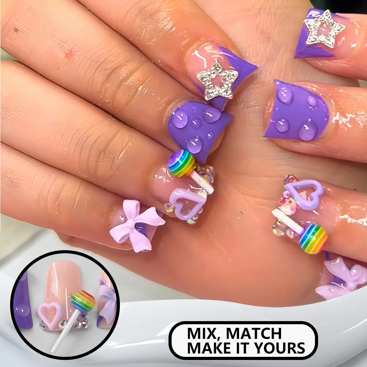 24-piece nude pink short duckbill press-on false nails with leopard French tips, 3D bowknots, butterflies, and cherries