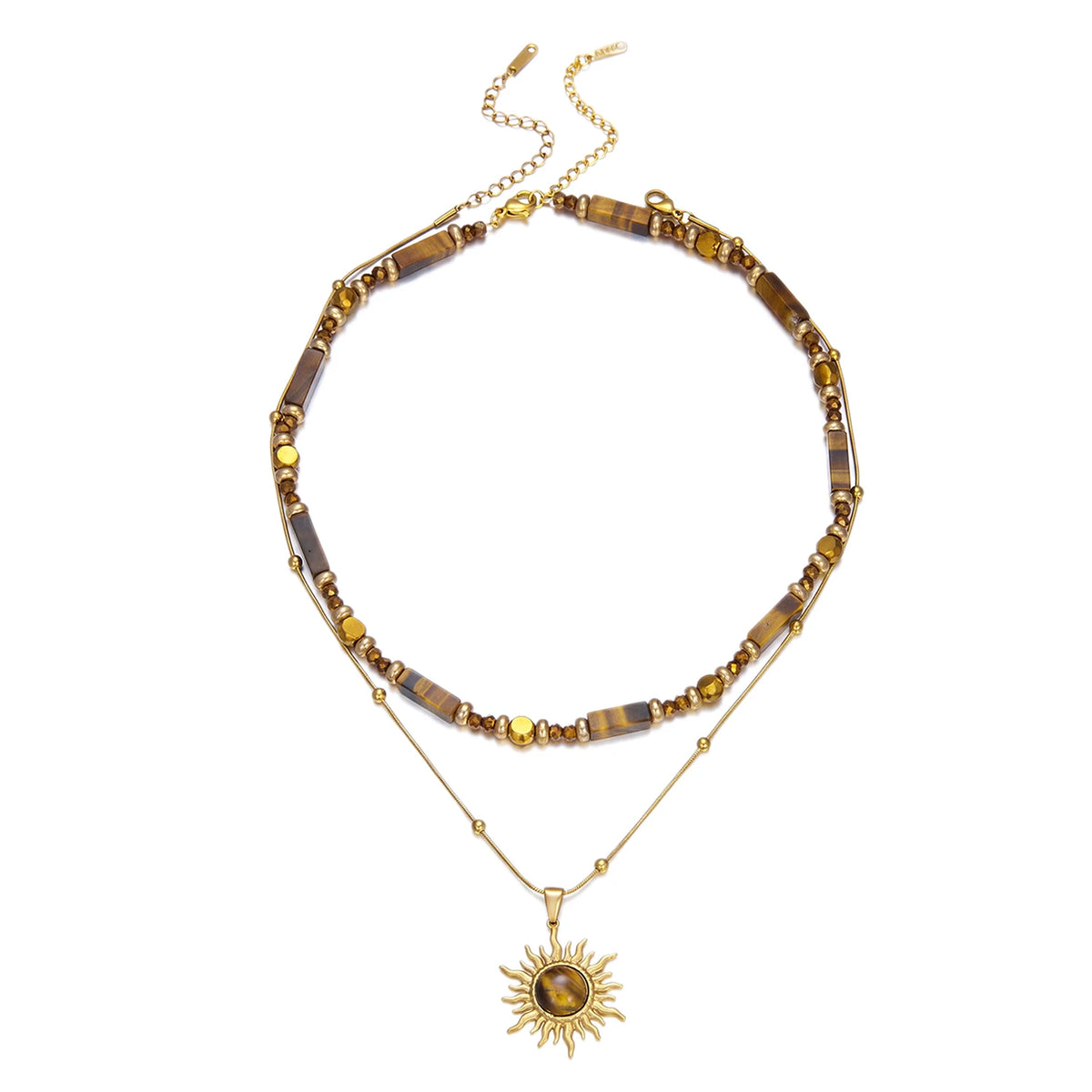 Gold PVD plated tiger eye stone stainless steel sun necklace for women, waterproof, tarnish-free choker chain jewelry.