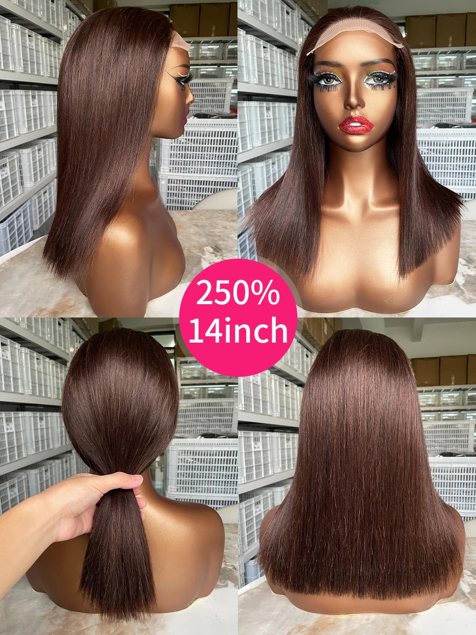 #2 brown 250 density raw Vietnamese human hair 13x4 lace frontal bob wig with double-drawn hair
