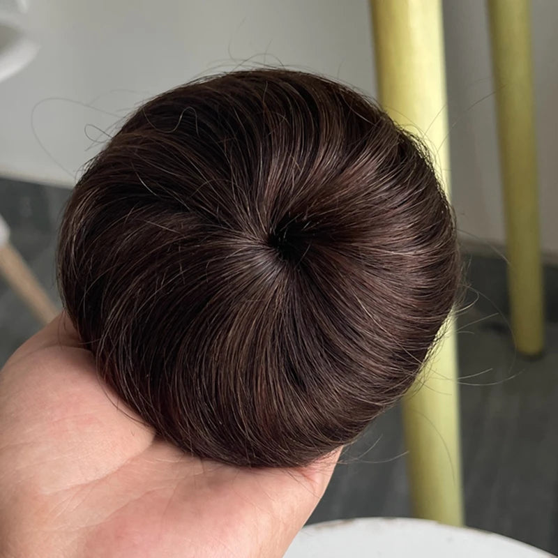 Brown blonde 6-inch human hair drawstring bun wig by HSF Marketplace for thinner hair
