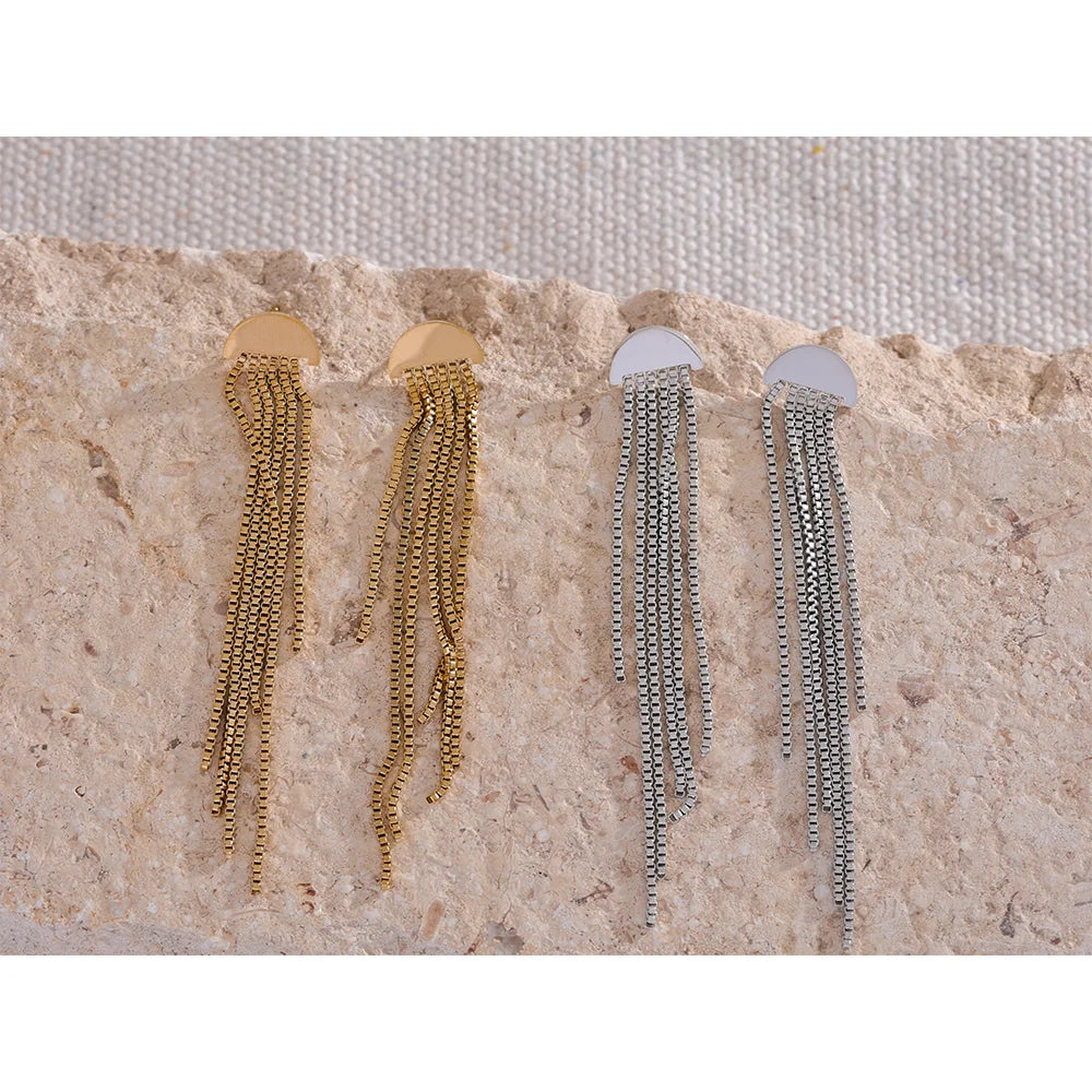 Stainless steel long tassel drop earrings with 18K gold plated charms by HSF Marketplace