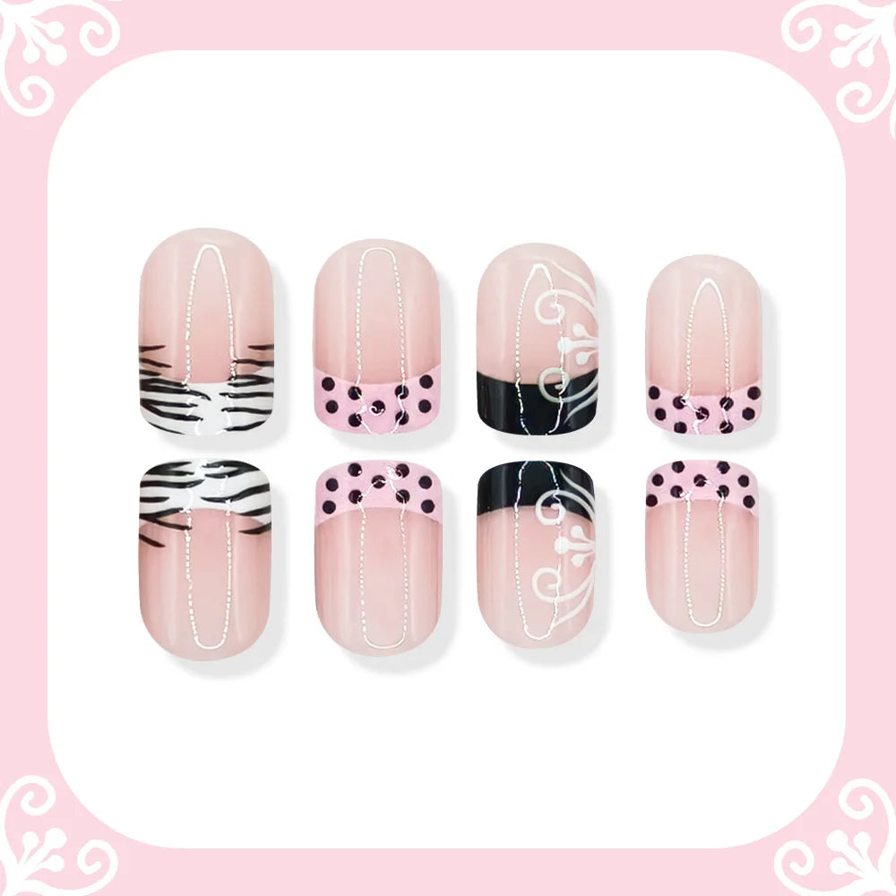 24-piece short square false nails with black and white zebra print, polka dots, and French tips by HSF Marketplace