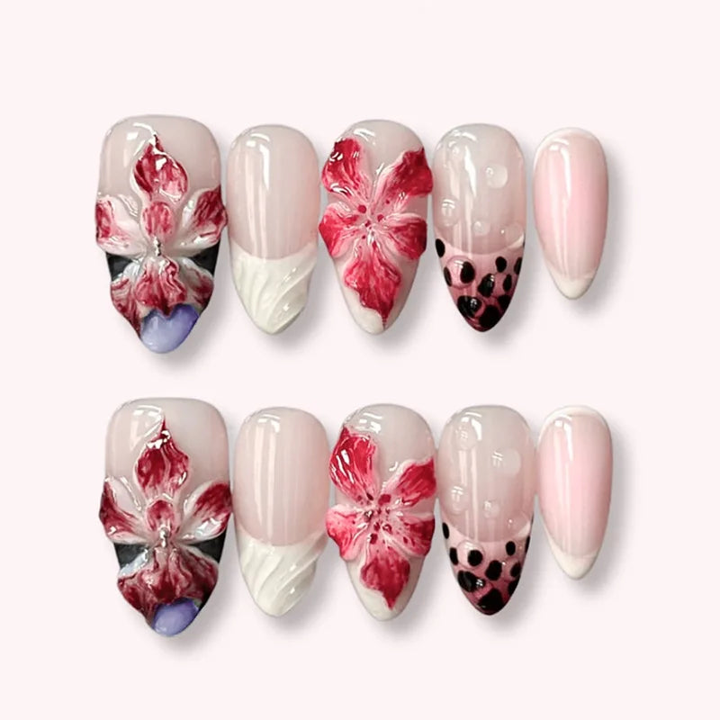 24-piece pink flower almond press-on false nails, kawaii wearable stick-on nail tips by HSF Marketplace