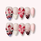 24-piece pink flower almond press-on false nails, kawaii wearable stick-on nail tips by HSF Marketplace