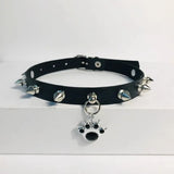 Gothic cat claw choker necklace featuring paw pendant, PU leather, rivets, and charms, ideal for women’s fashion jewelry.