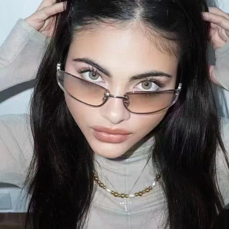 Oval frameless Y2K luxury sunglasses by HSF Marketplace with high-end punk style, outdoor retro fashion for women.