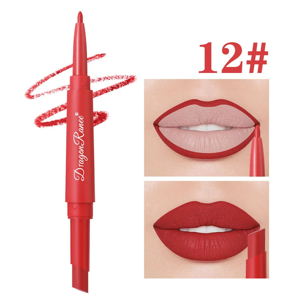 Waterproof nude matte lip liner and rose red lipstick in a double-ended makeup pencil, featuring moisturizing, long-lasting formula.