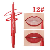 Waterproof nude matte lip liner and rose red lipstick in a double-ended makeup pencil, featuring moisturizing, long-lasting formula.