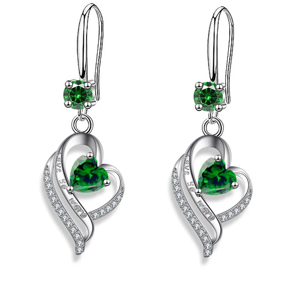 Silver heart drop earrings for women with colorful zircon stones by HSF Marketplace
