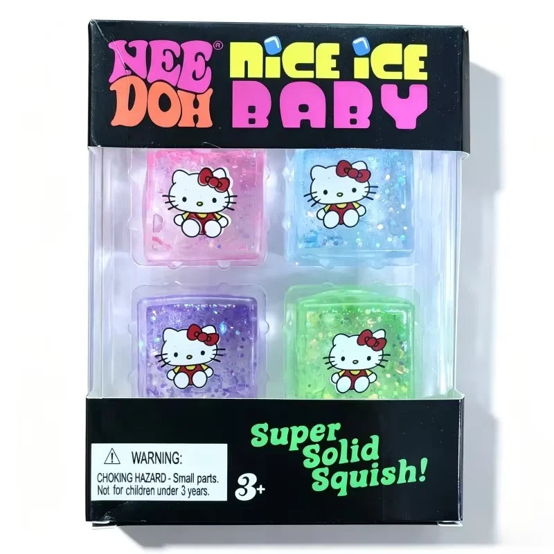 Four colorful NeeDoh Nice Ice Cube mini squishy sensory toys, slow rebound stress relief fidget toys for kids and adults.