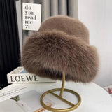 Women's leopard print faux fur fisherman hat, thick windproof winter headgear for warmth