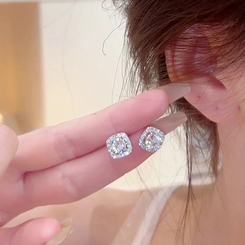 Square zircon rhinestone earrings for women, shiny classical design by HSF Marketplace