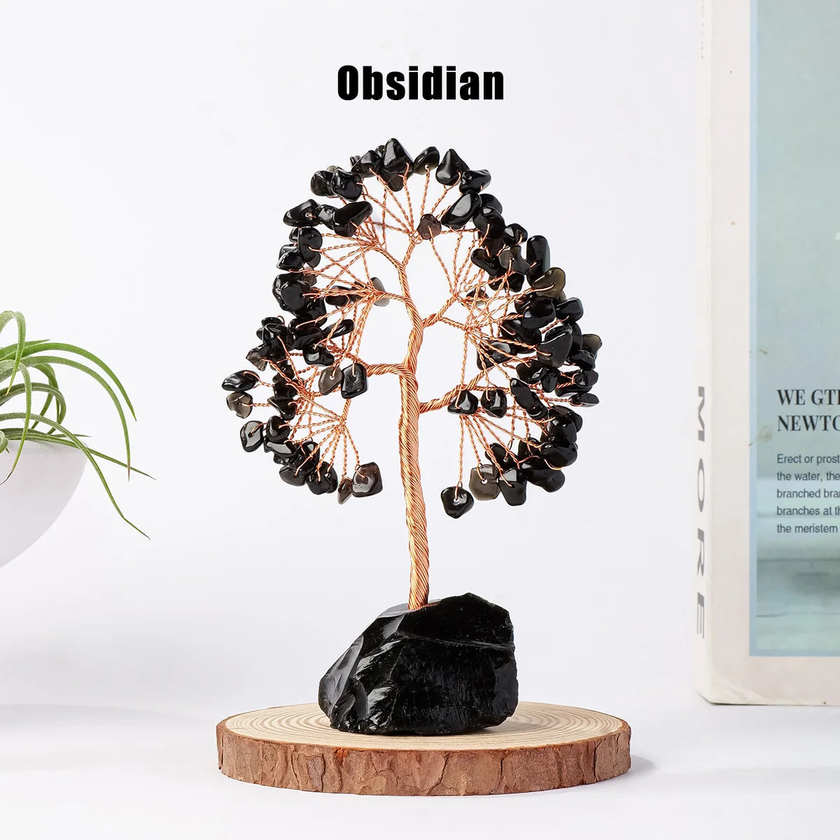 1PC Natural Gemstone Crystal Lucky Tree with Irregular Raw Stone Base for Home Office Desk Living Room Decor