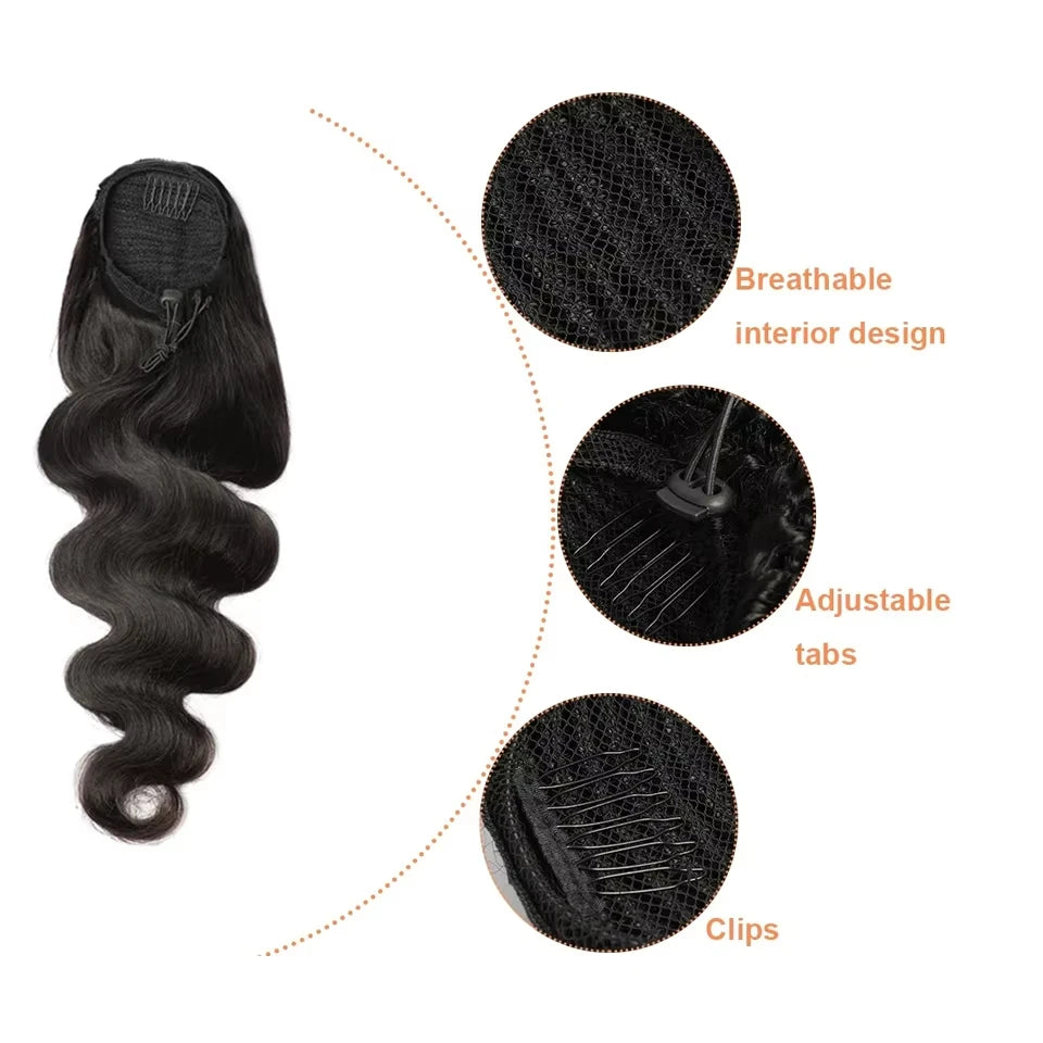 Body wave Brazilian Remy human hair drawstring clip-in ponytail in natural color by HSF Marketplace