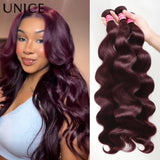 UNice Hair Black Cherry Body Wave Human Hair Bundles 2/3/4 PCS With 1PC Free Part 4x4 Inch Lace Closure