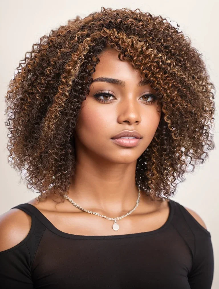 Short kinky curly Brazilian Remy human hair bob wig with bangs, highlighted color and 200% density