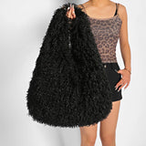 HSF Marketplace luxury faux fur tote bag for women, stylish winter hobo handbag in soft textured fur