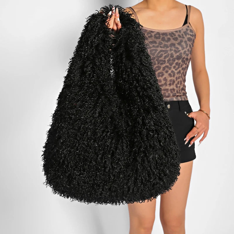 HSF Marketplace luxury faux fur tote bag for women, stylish winter hobo handbag in soft textured fur