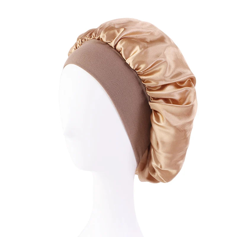 Satin wide brim nightcap with elastic band by HSF Marketplace for comfortable sleep and hair protection