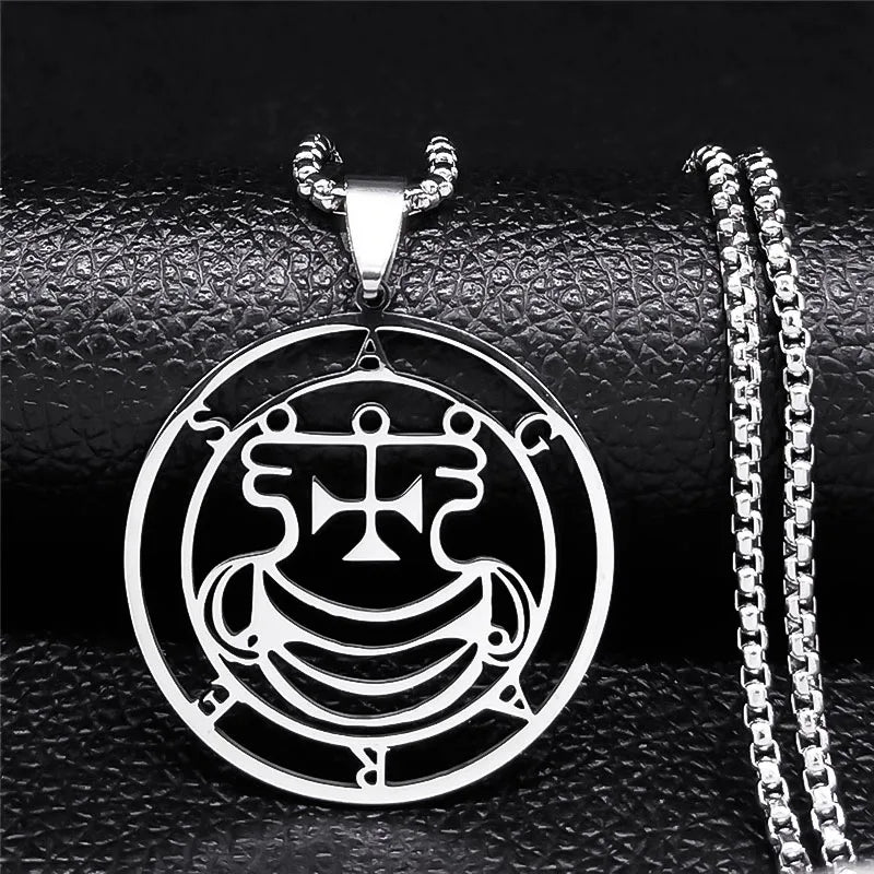 Stainless steel Satan necklace featuring Baphomet sigil and chain design, stylish jewelry by HSF Marketplace.