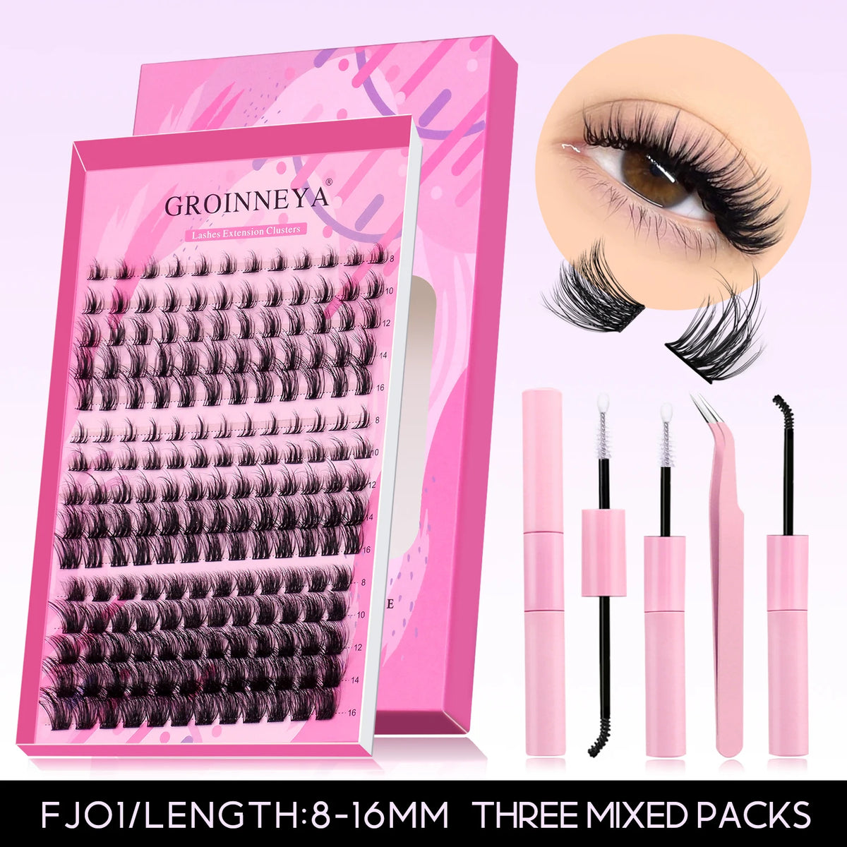 GROINNEYA fluffy 3D mink faux manga lash clusters kit with bond and seal makeup extensions