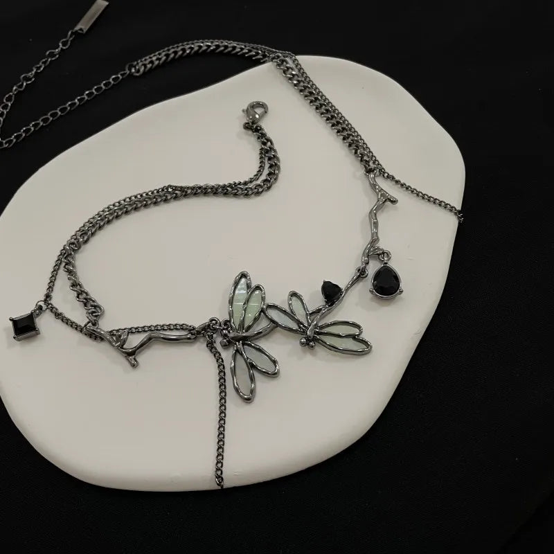 Gothic black dragonfly necklace with tassels for women by HSF Marketplace
