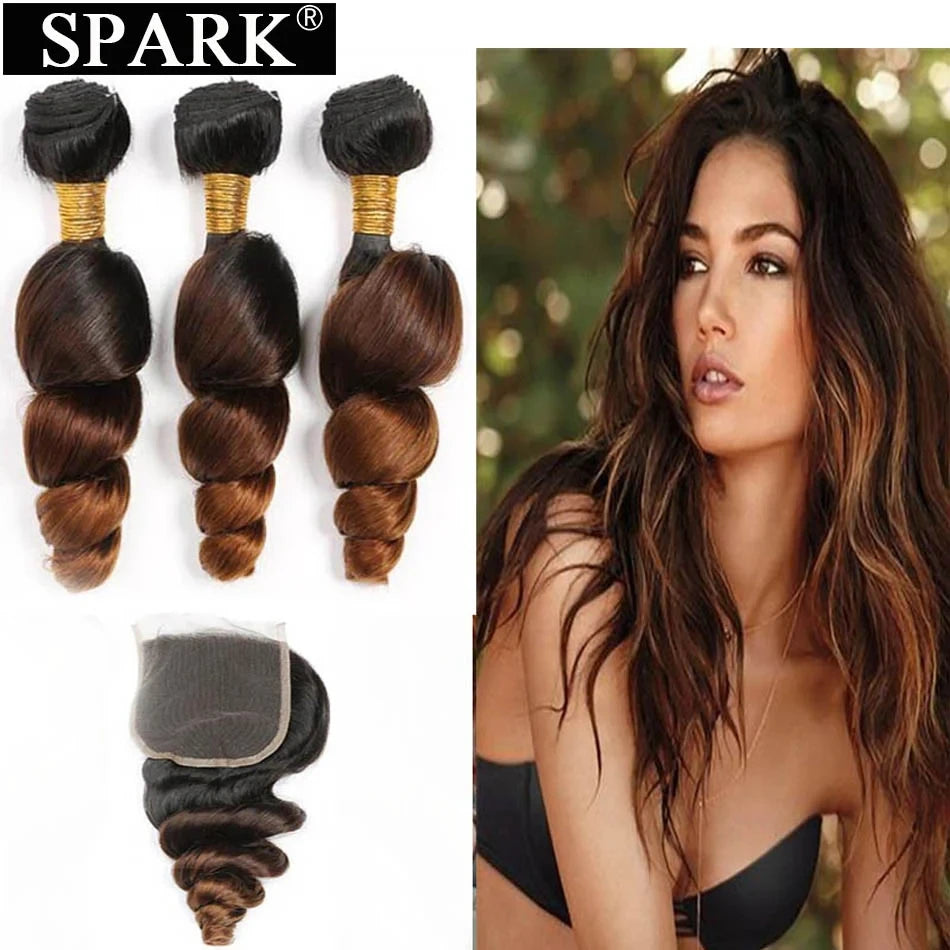 Spark Ombre Peruvian Loose Wave Bundles with Closure Remy Hair Extension Human Hair Bundles with Closure