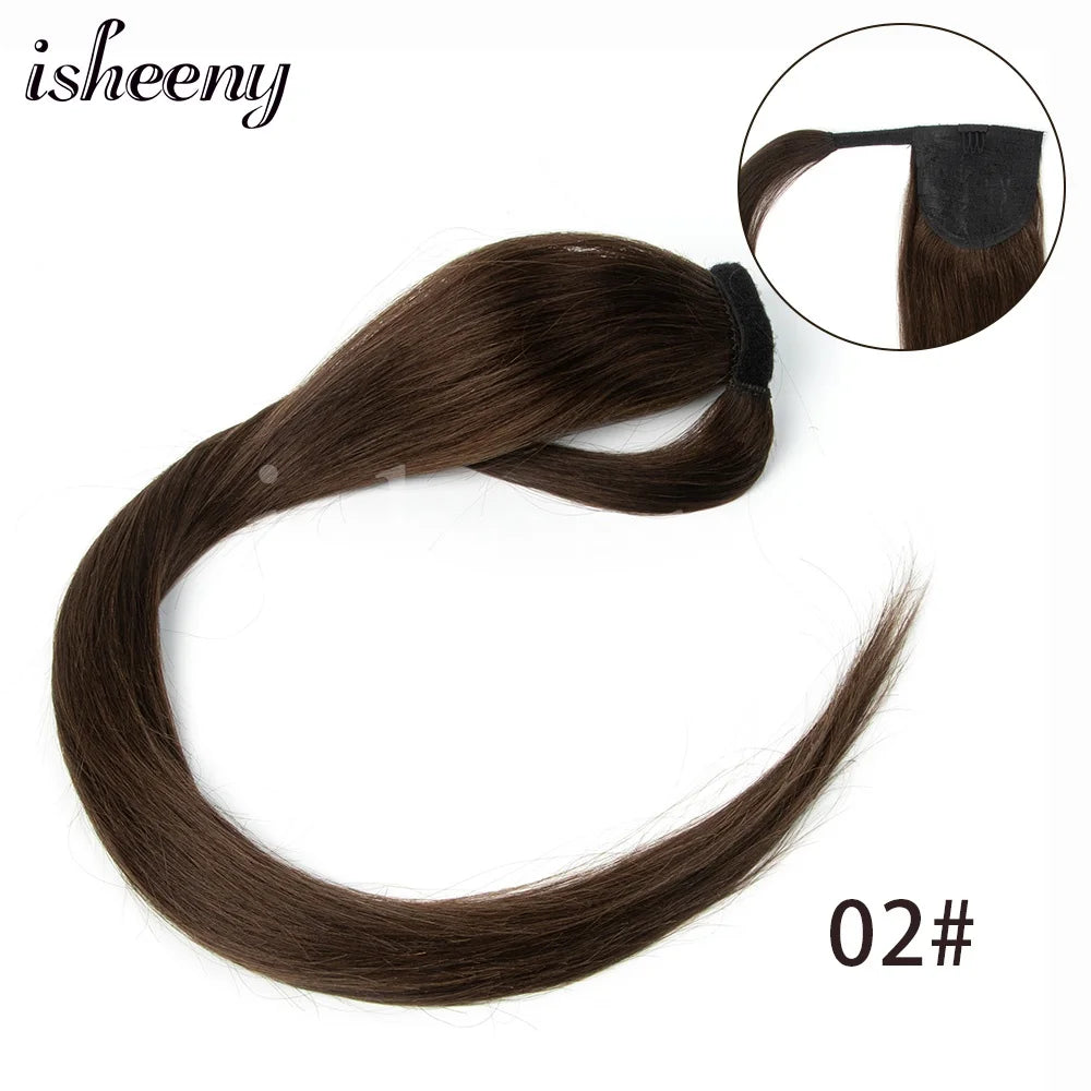 Isheeny straight Brazilian Remy human hair ponytail extension, 14–24 inch wrap clip-in style