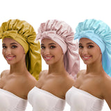 3-piece satin long bonnet set with wide brim and bow tie for everyday hair care, HSF Marketplace, assorted colors