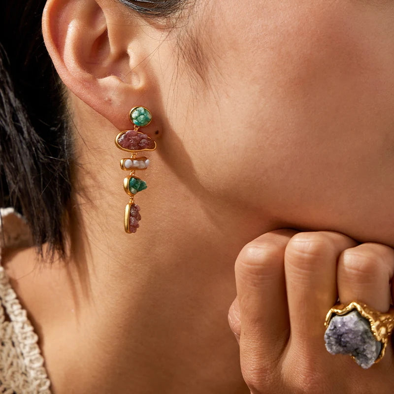 Luxury asymmetric color stone drop earrings with irregular natural semi-precious stones and brass accents by IVOG