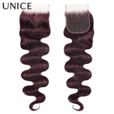 UNice Hair Black Cherry Body Wave Human Hair Bundles 2/3/4 PCS With 1PC Free Part 4x4 Inch Lace Closure