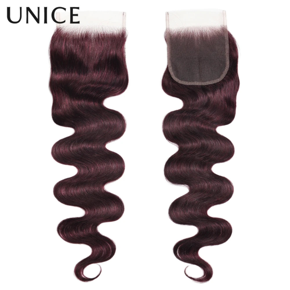 UNice Hair Black Cherry Body Wave Human Hair Bundles 2/3/4 PCS With 1PC Free Part 4x4 Inch Lace Closure
