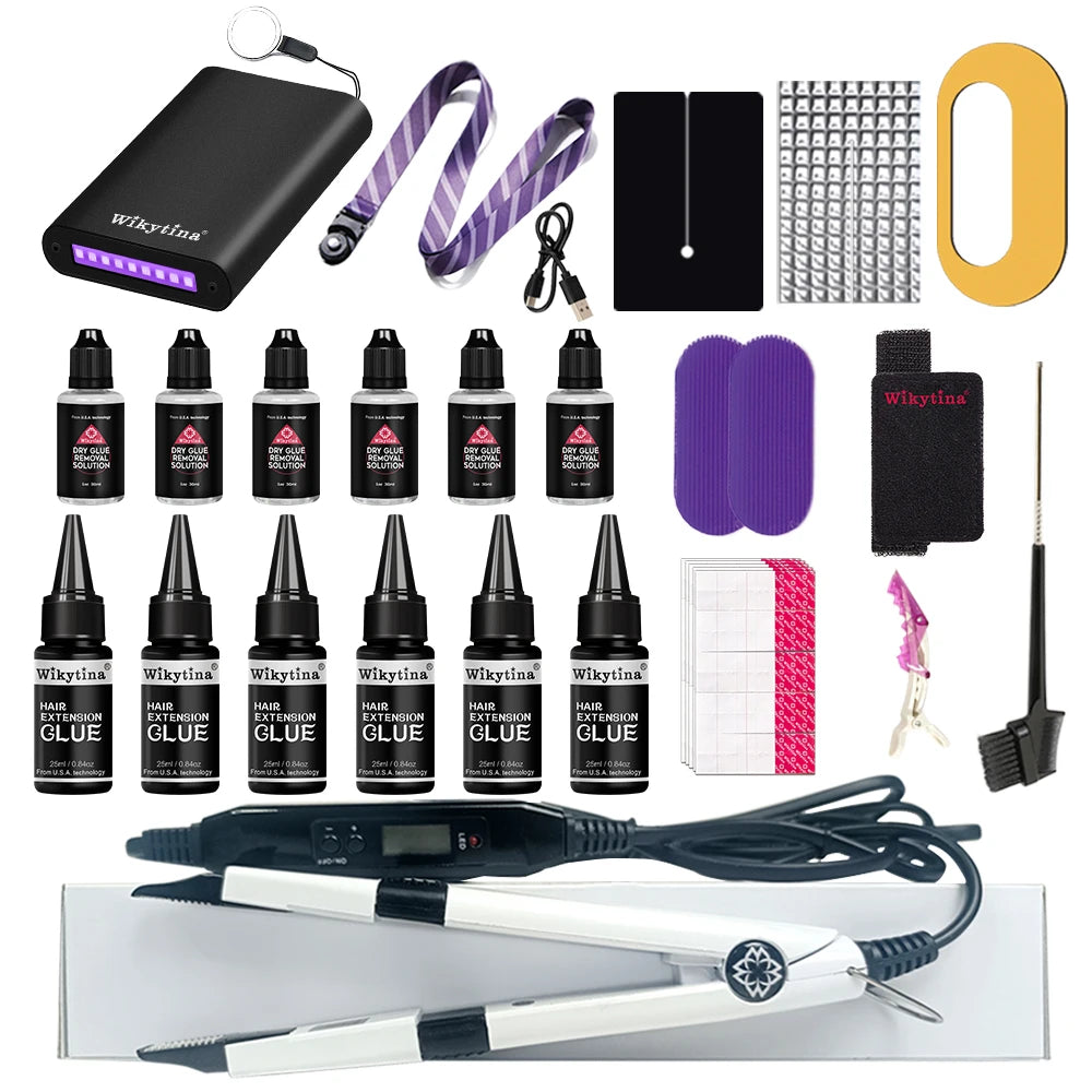 Professional hair extensions kit with UV light glue and styling tools by HSF Marketplace