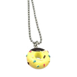Acrylic mini donut pendant necklace featuring a fun, colorful choker style chain with fashion jewelry appeal.