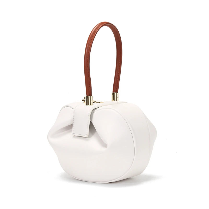 HIFASHION small genuine leather top handle bag for women, elegant round evening purse, luxury handbag for going out and parties