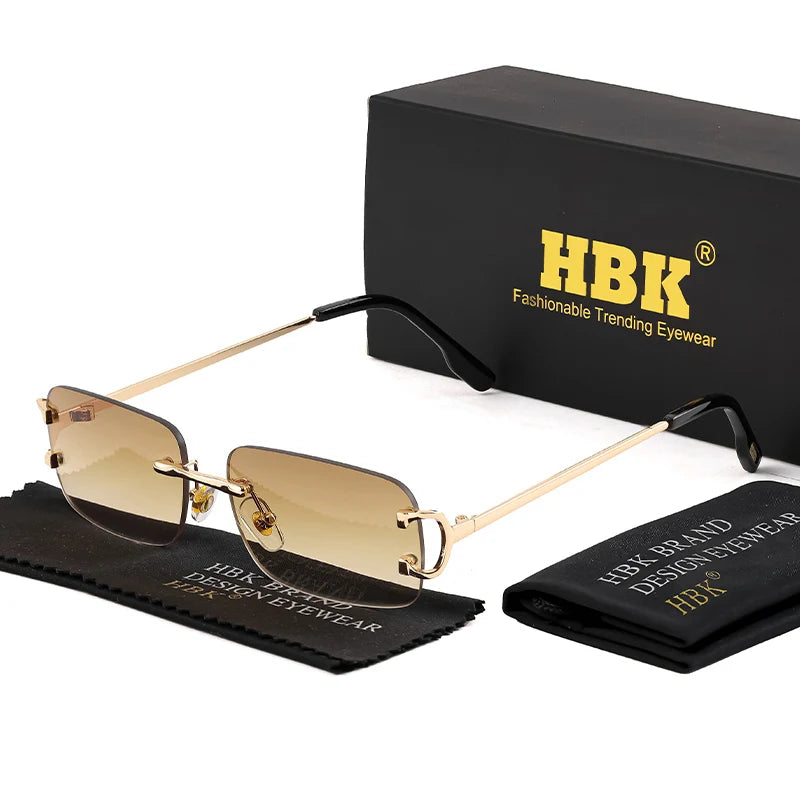 HBK Retro rimless sunglasses for women and men with small square gold frame, rectangular UV400 eyewear, brand design.