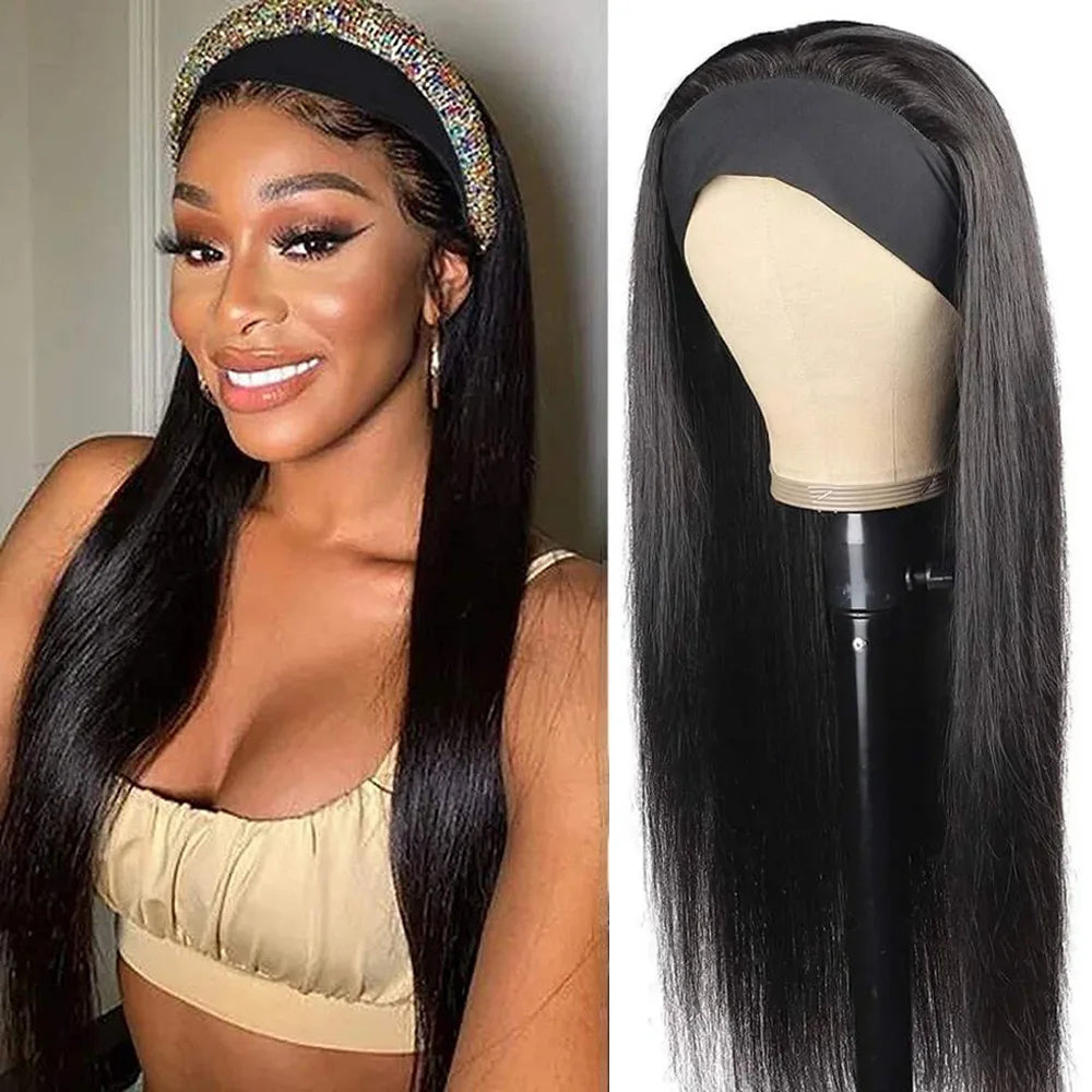 Bone straight Peruvian human hair headband wig, full machine-made 180% density for Black women