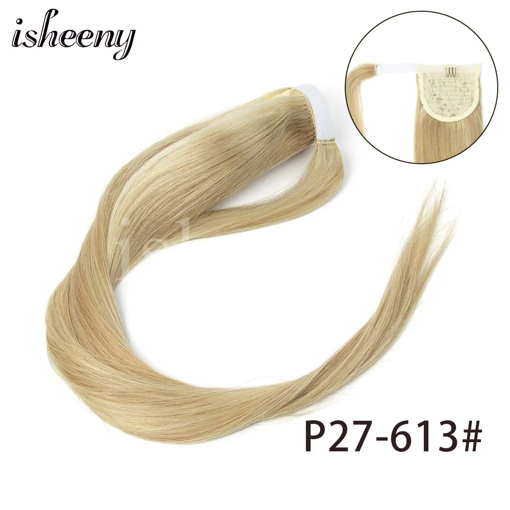 Isheeny straight human hair ponytail extension, 14-24 inch Brazilian Remy wrap clip-in hairpiece