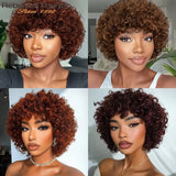 Rebecca short pixie afro kinky curly human hair wig with bangs in natural brown by HSF Marketplace
