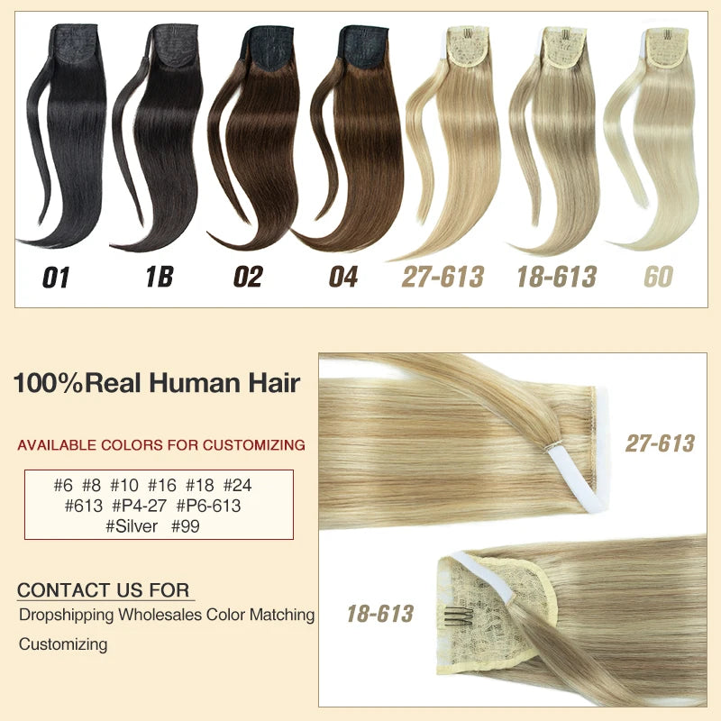 Silky straight Remy human hair clip-on ponytail extension for women in natural black