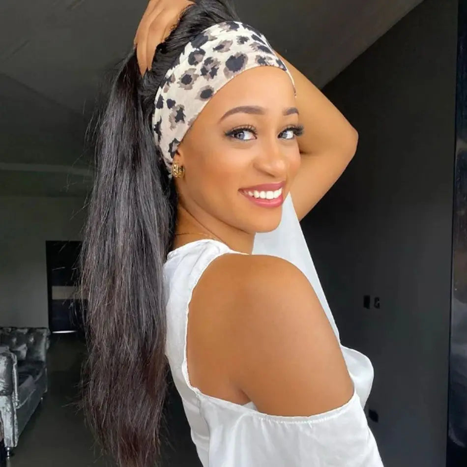 Straight 18-inch Brazilian human hair headband wig, natural color, 200% density, machine-made half wig