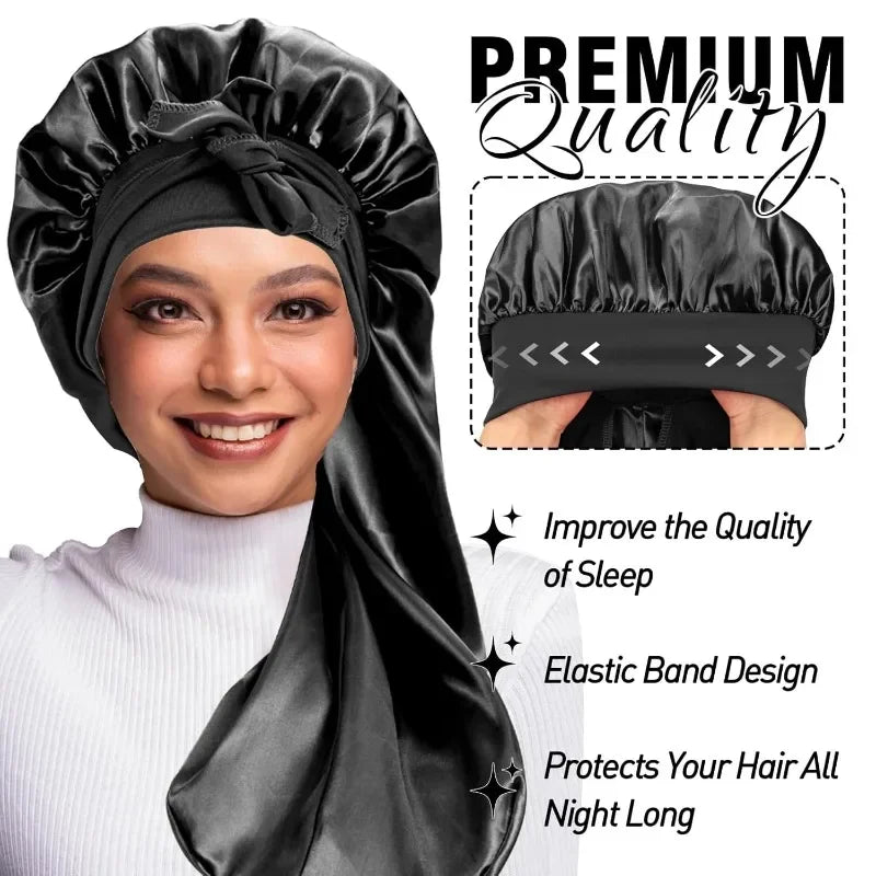 XL Long Silk Bonnet for Sleeping, Extra Large Satin Bonnet with Wide Elastic Band, Night Cap for Natural Hair Braids Weaves