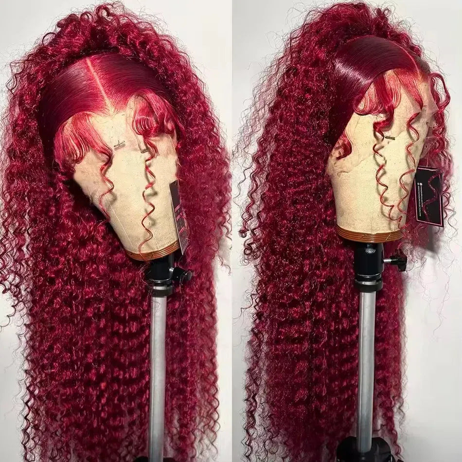 200% 13x4 Curly 99J Burgundy Lace Front Drawstring Glueless Wig Wine Red 30 36Inch Deep Water Wave Lace Frontal Human Hair Wigs