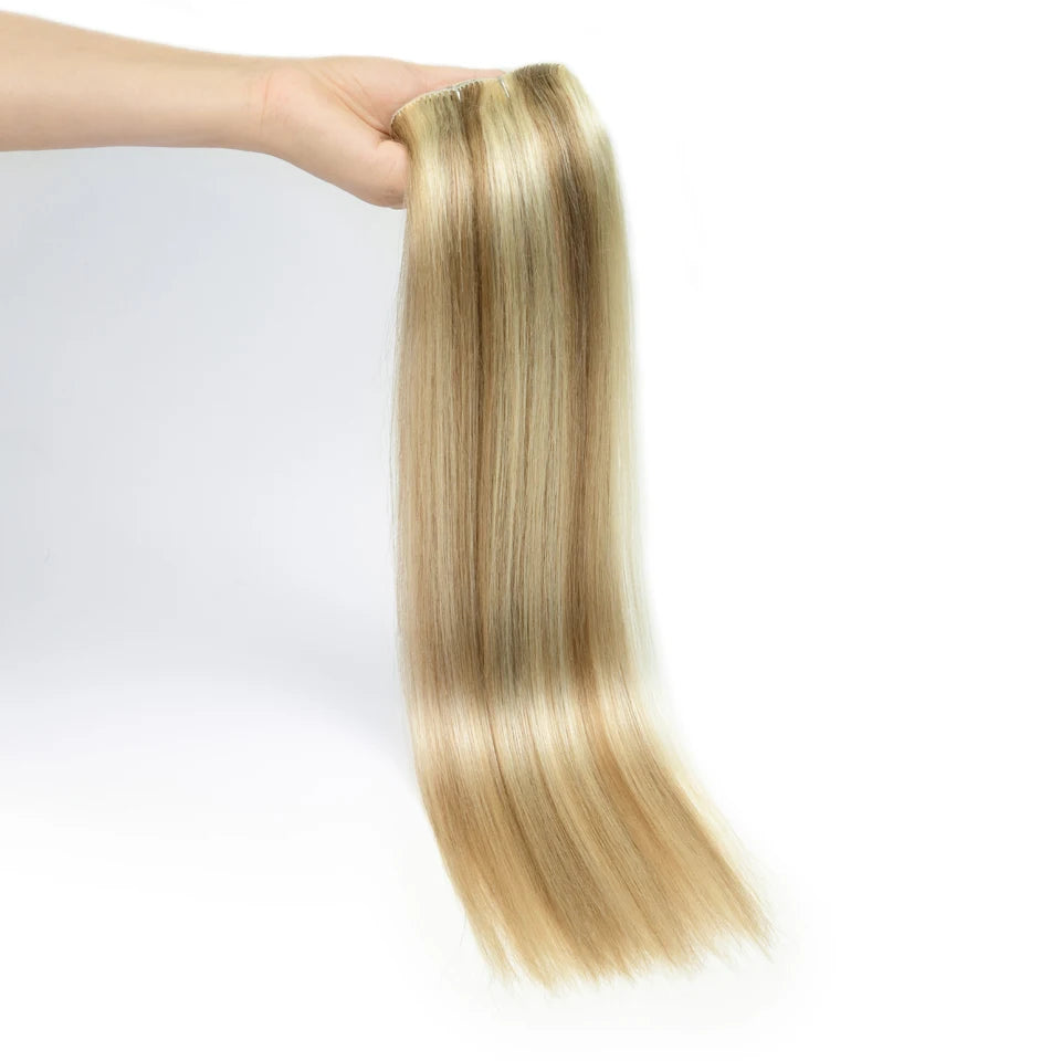 Seven-piece set of HSF Marketplace human hair clip-in extensions with double weft, 16-24 inches, natural straight hair.