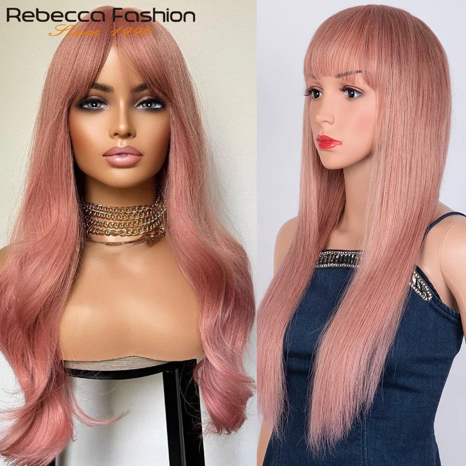 Clean pink straight human hair wig with bangs, full machine-made, for women, featuring natural straight style and vibrant color.