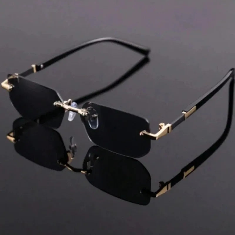 Rimless rectangle sunglasses for women and men by HSF Marketplace, stylish small sun shades for travel and fashion.