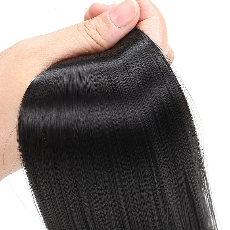 Long straight Brazilian Remy human hair wrap-around ponytail extension clip-in, natural color