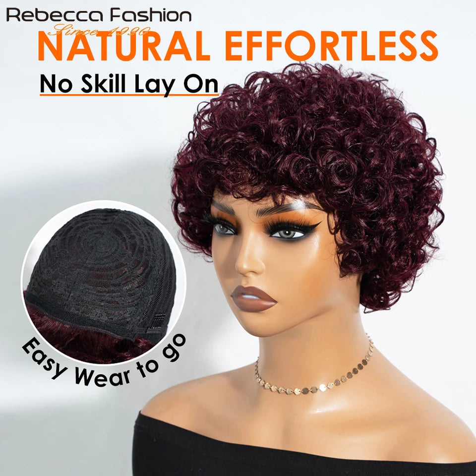 Rebecca short pixie afro kinky curly human hair wig in natural brown with bangs for Black women