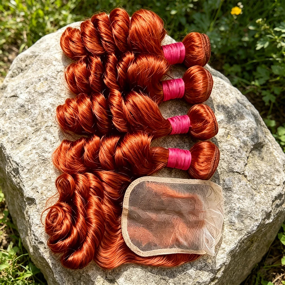 350 Ginger Loose Wave Human Hair Bundles With 4x4 5x5 6x6 HD Transparent Lace Closure Frontal HD Raw Virgin Hair Bundle Hair Ext